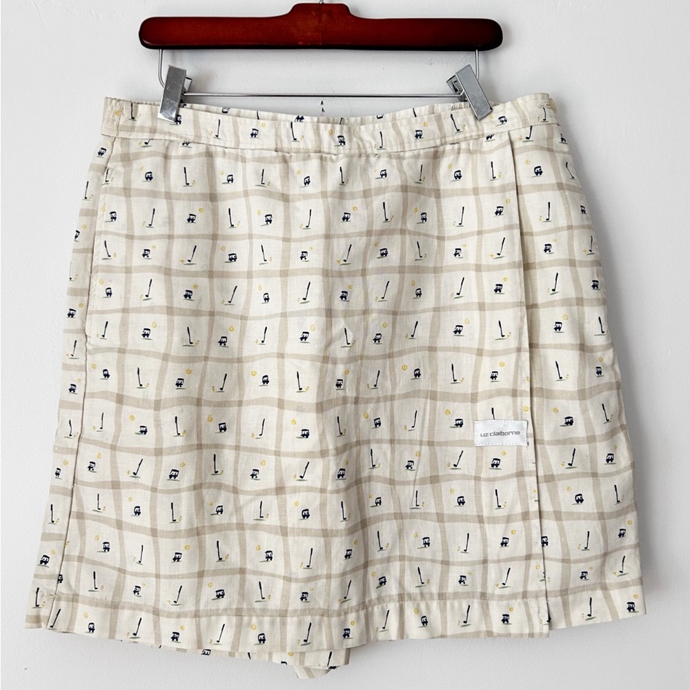 Vintage Golf Skort Liz Claiborne Linen Cream Plaid Print Skirt Women’s 16